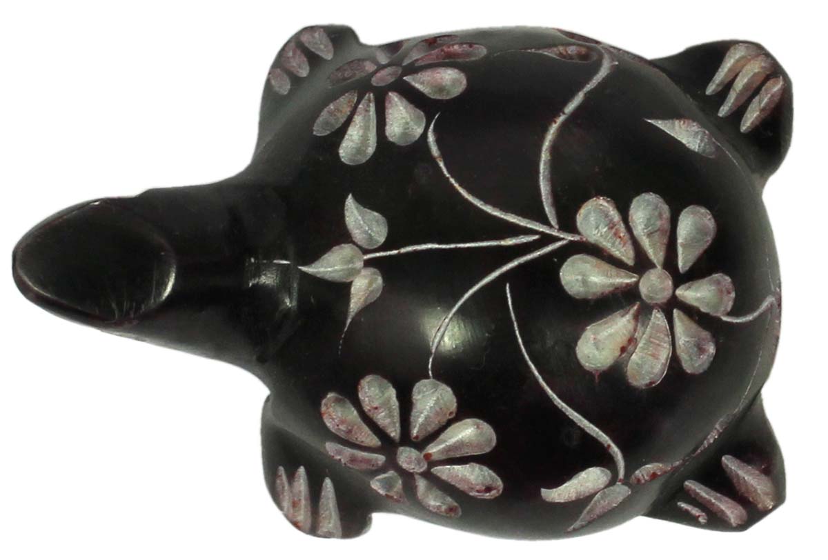 2.7” Decorative Tortoise in Palewa Stone - Black Turtle with Floral Motifs - Rare Handcrafted Home Decor from India - Buy in Bulk Wholesale