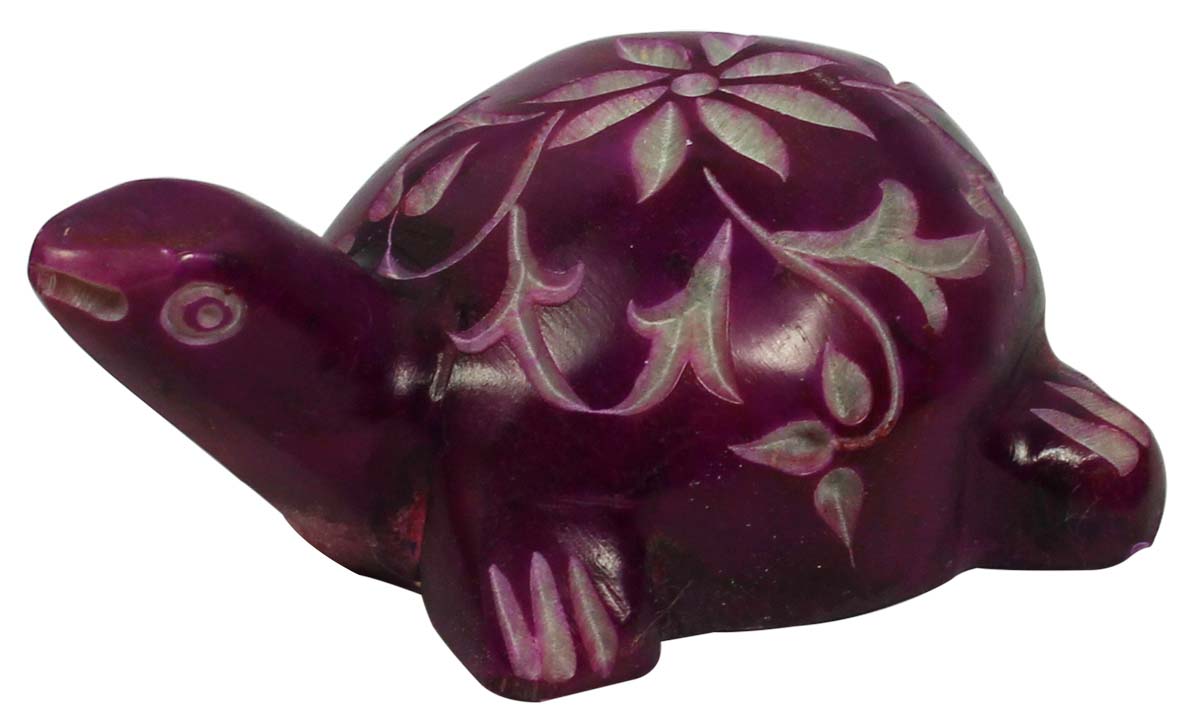 2.7” Decorative Tortoise in Palewa Stone - Purple Turtle with Floral Motifs - Rare Handcrafted Home Decor from India - Buy in Bulk Wholesale