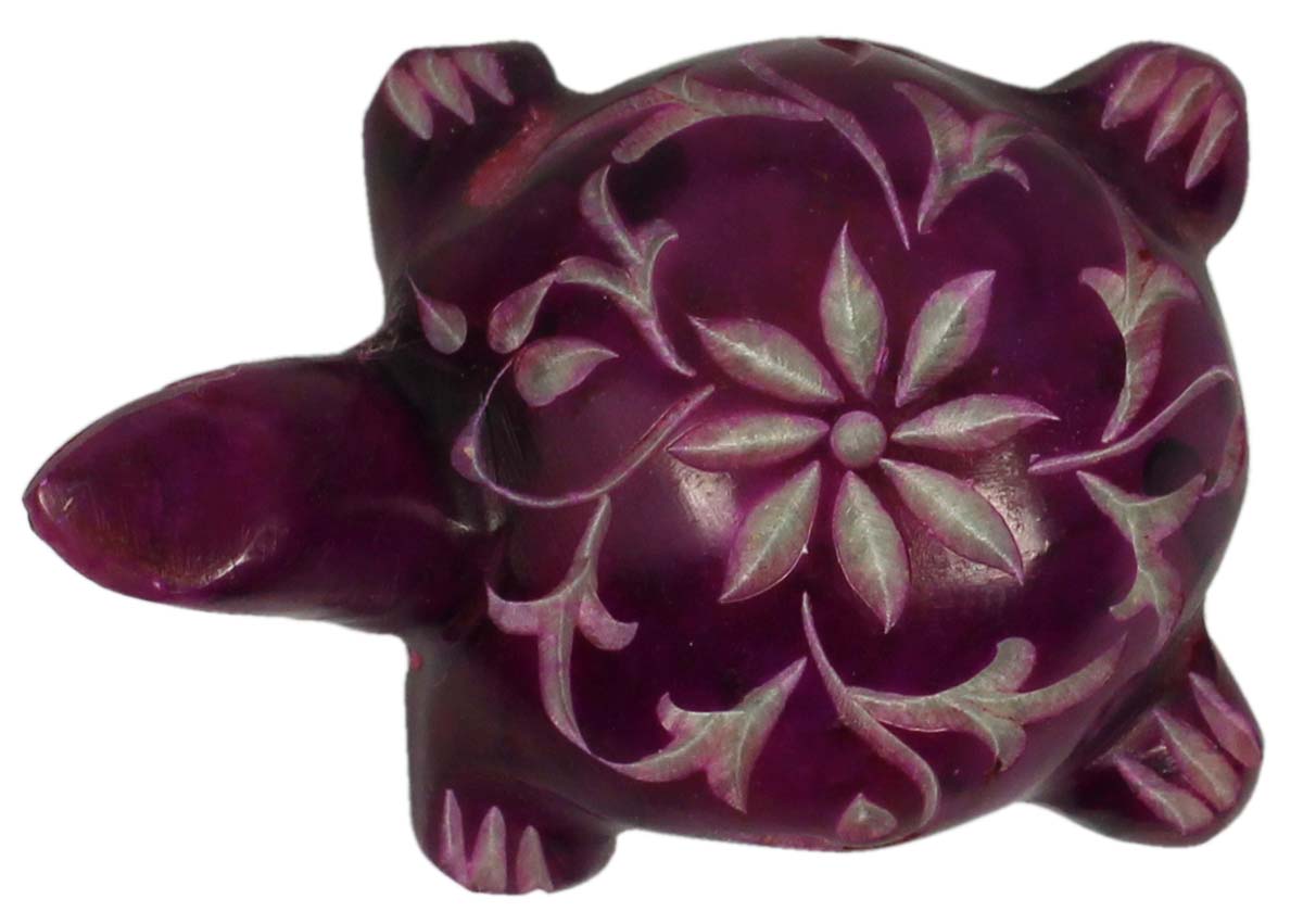 2.7” Decorative Tortoise in Palewa Stone - Purple Turtle with Floral Motifs - Rare Handcrafted Home Decor from India - Buy in Bulk Wholesale