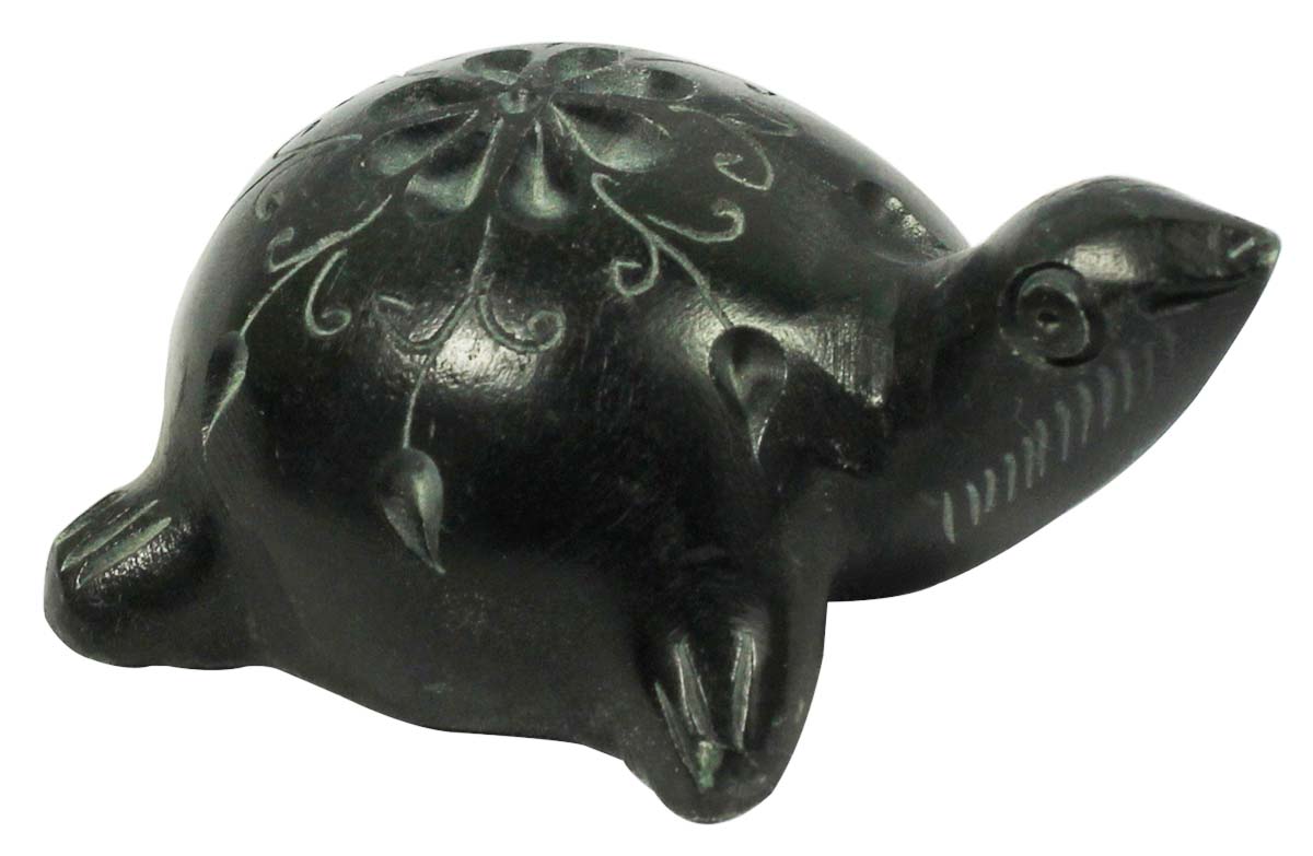 2.8” Decorative Tortoise in Palewa Stone - Black Turtle with Floral Motifs - Rare Handcrafted Home Decor from India - Buy in Bulk Wholesale