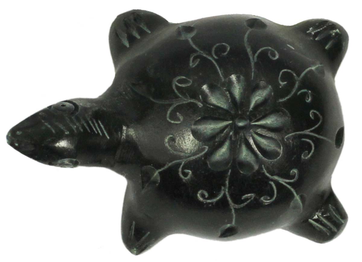 2.8” Decorative Tortoise in Palewa Stone - Black Turtle with Floral Motifs - Rare Handcrafted Home Decor from India - Buy in Bulk Wholesale