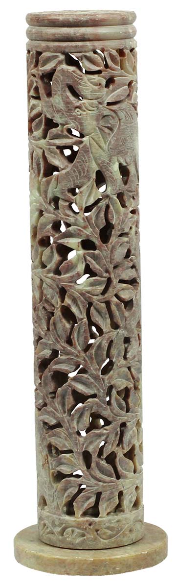 10.5” Soapstone Incense Holder with Open-Work Carving - Cylindrical Antique-Look Incense Stick / Cone Burner - Home Decor Essentials from India - Buy in Bulk Wholesale