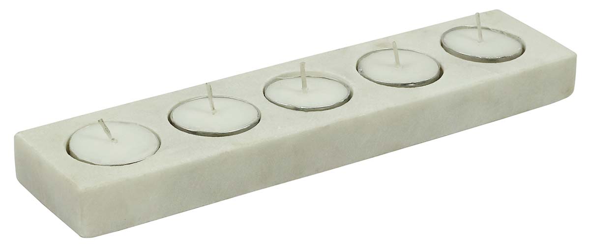 Marble Tea-Light Stand with 5 Slots - 10” Rectangular White Candle / Votive Holder - Classic-Look Home / Christmas Decor from India - Buy in Bulk Wholesale