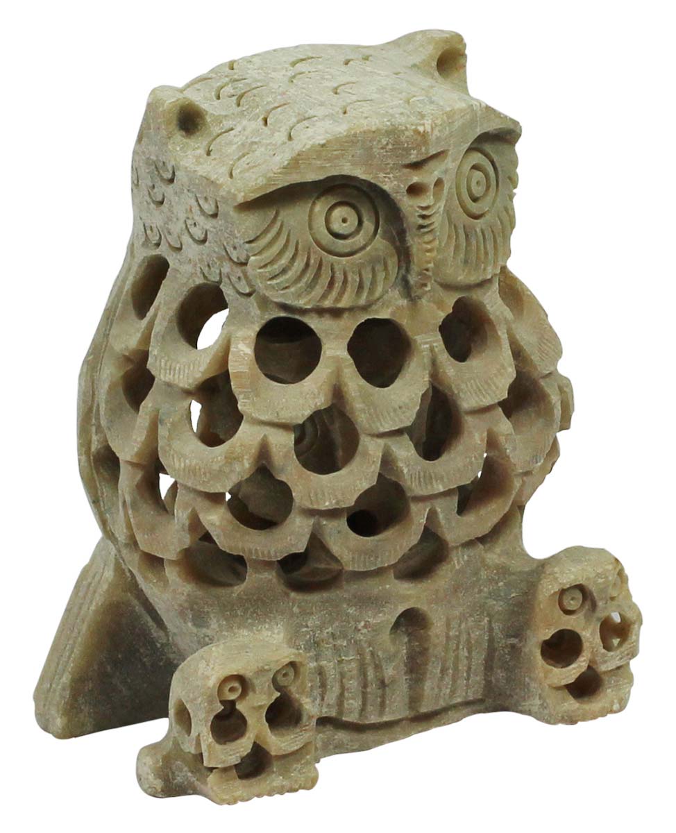 3.2” Soapstone Owl with Baby Owl Inside - Decorative Piece with Lattice Carving - Home Decor / Gifts for Expecting Mothers - Buy in Bulk Wholesale