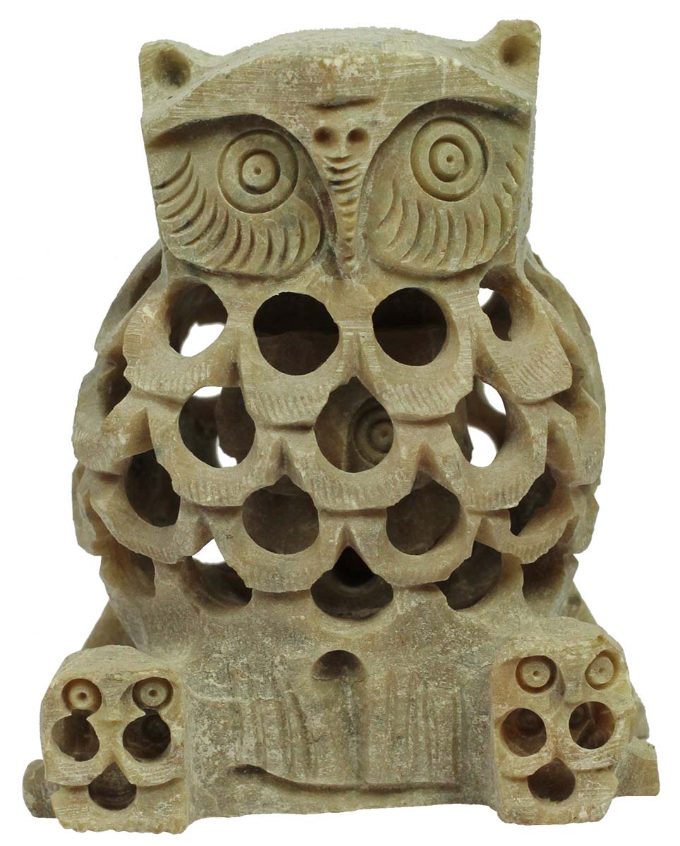 3.2” Soapstone Owl with Baby Owl Inside - Decorative Piece with Lattice Carving - Home Decor / Gifts for Expecting Mothers - Buy in Bulk Wholesale