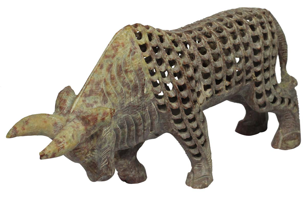 3.8” Soapstone Bull with Baby Bull Inside - Decorative Piece with Lattice Carving - Home Decor / Gifts for Expecting Mothers - Buy in Bulk Wholesale