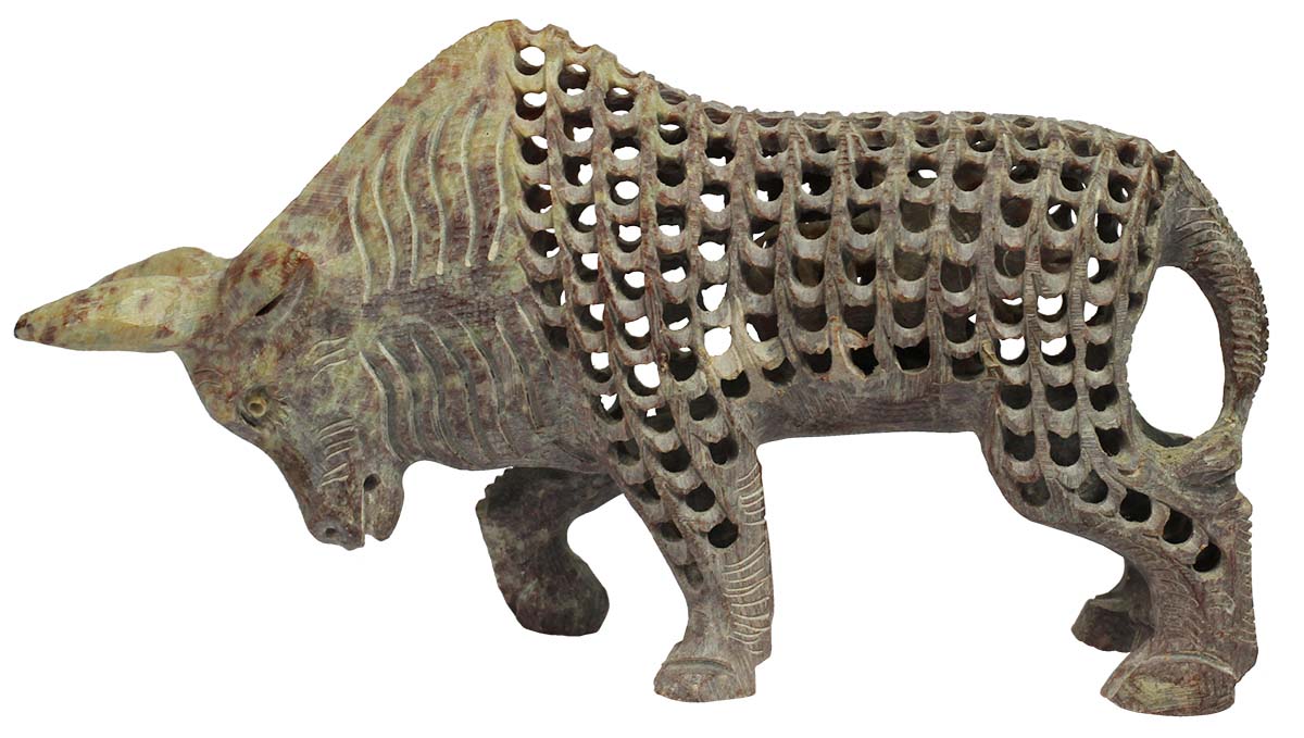 3.8” Soapstone Bull with Baby Bull Inside - Decorative Piece with Lattice Carving - Home Decor / Gifts for Expecting Mothers - Buy in Bulk Wholesale