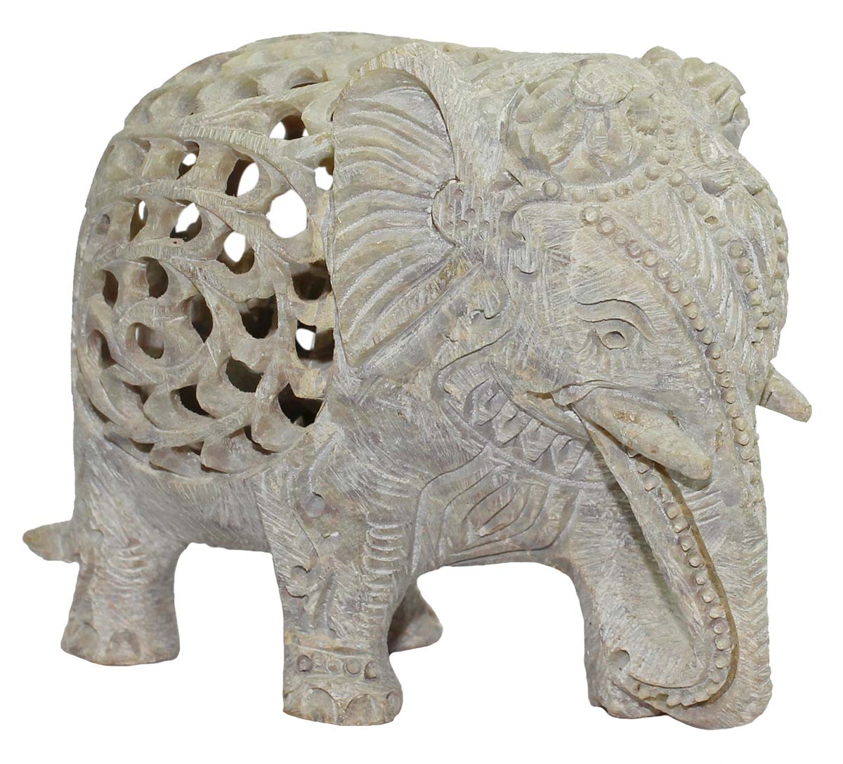 4” Soapstone Elephant with Baby Elephant Inside - Decorative Piece with Lattice Carving - Home Decor / Gifts for Expecting Mothers - Buy in Bulk Wholesale