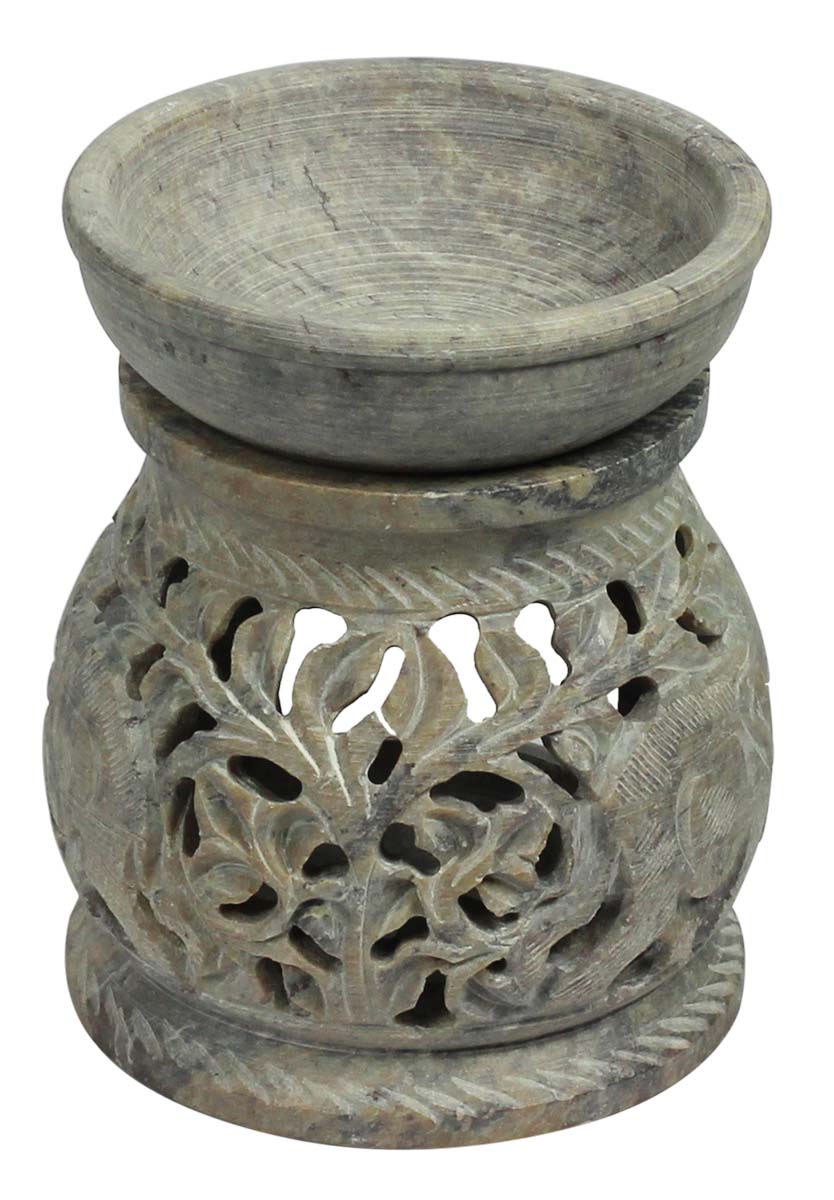 Wholesale 4.4” Palewa Stone Essential Oil Diffuser - Bulk Buy Handcrafted Stone Aromatherapy Wax Melt/Tart Warmer with Floral and Elephant Motifs - Essential Fragrance Accessories from India