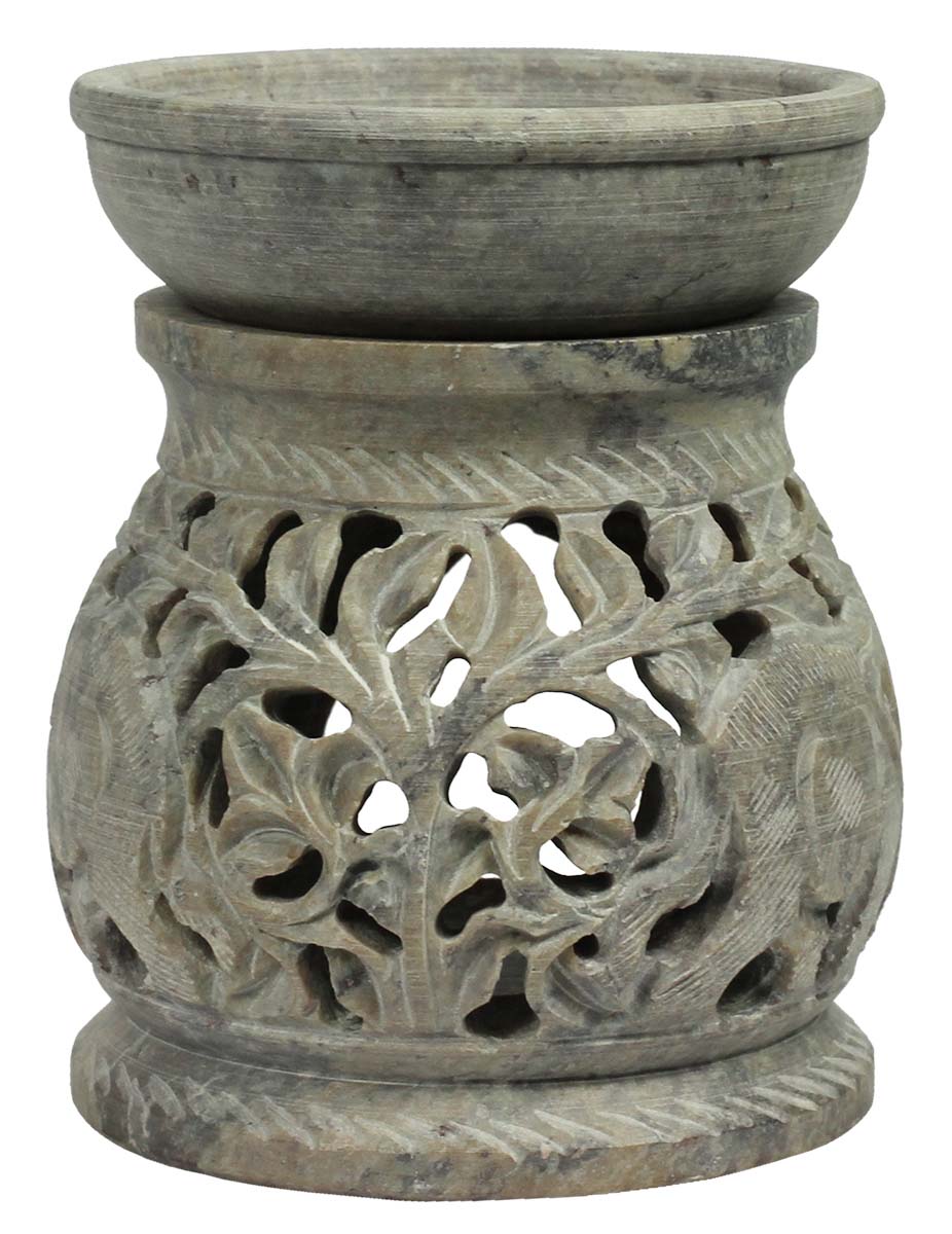 Wholesale 4.4” Palewa Stone Essential Oil Diffuser - Bulk Buy Handcrafted Stone Aromatherapy Wax Melt/Tart Warmer with Floral and Elephant Motifs - Essential Fragrance Accessories from India