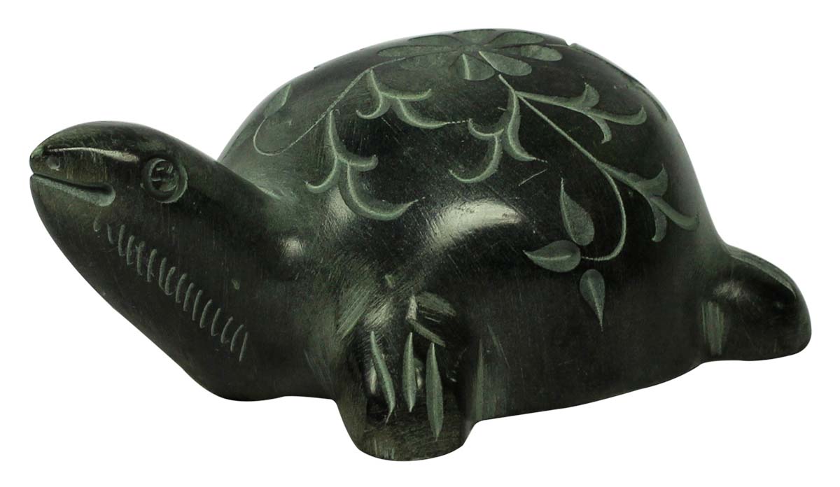 4” Decorative Tortoise in Palewa Stone - Black Turtle with Floral Motifs - Rare Handcrafted Home Decor from India - Buy in Bulk Wholesale