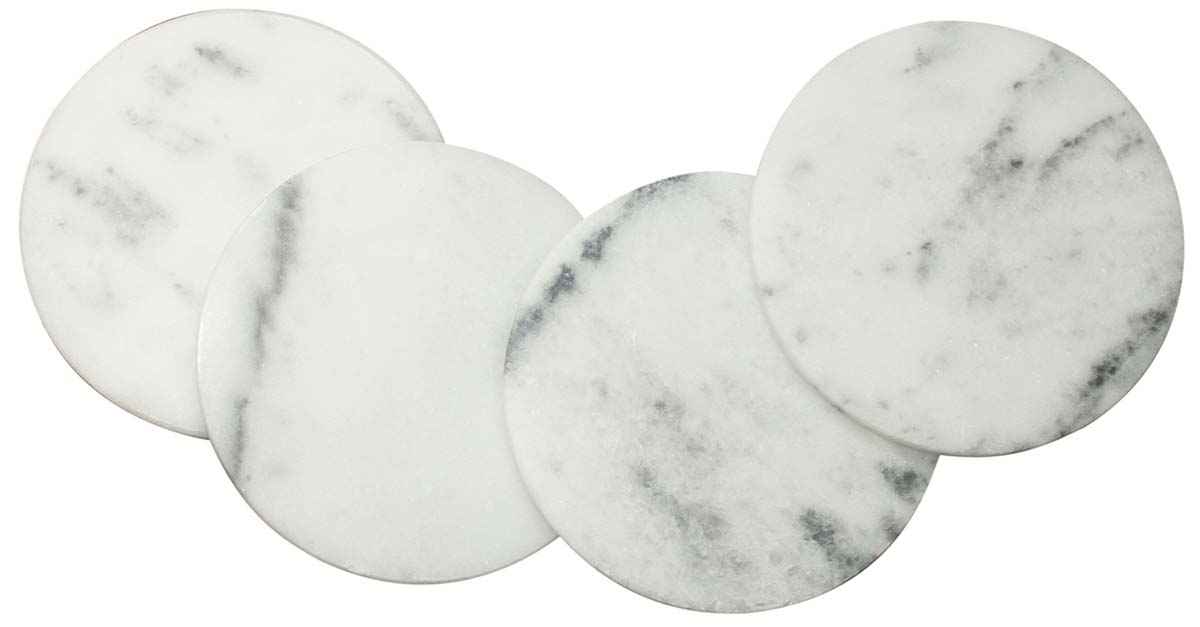 Drink Coasters Wholesale – Set of 4 Round Drink Coasters – Hand-Carved in White Marble – Table-Top Accessories