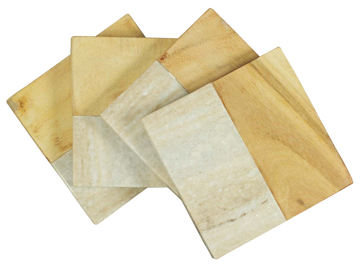 Drink Coasters Wholesale – Set of 4 Square-Shaped Drink Coasters – Hand-Carved in Marble & Wood – Table-Top Accessories