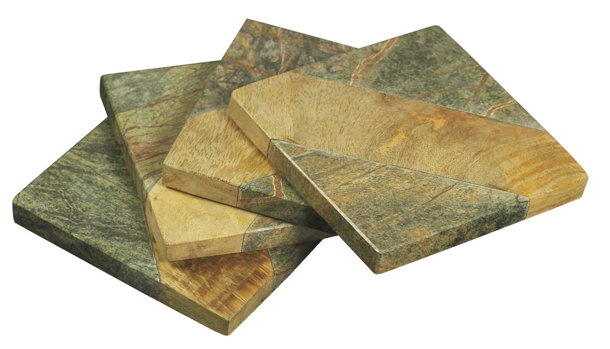 Drink Coasters Wholesale – Set of 4 Square-Shaped Drink Coasters – Hand-Carved in Green Marble & Wood – Table-Top Accessories