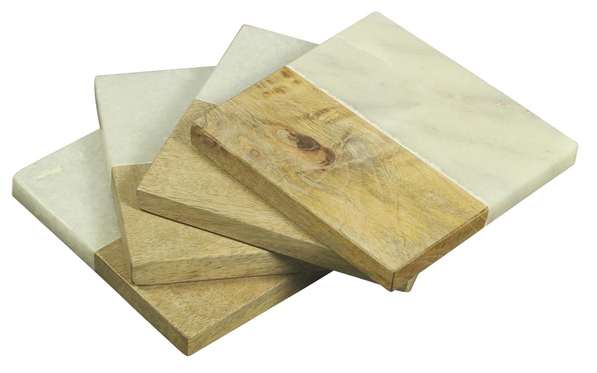 Drink Coasters Wholesale – Set of 4 Square-Shaped Drink Coasters – Hand-Carved in White Marble & Wood – Table-Top Accessories