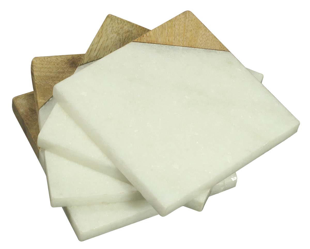 Drink Coasters Wholesale – Set of 4 Square-Shaped Drink Coasters – Hand-Carved in White Marble & Wood – Table-Top Accessories