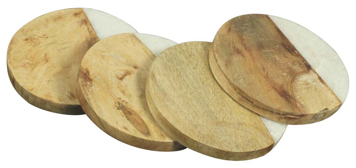 Drink Coasters Wholesale – Set of 4 Round Drink Coasters – Hand-Carved in White Marble & Wood – Table-Top Accessories