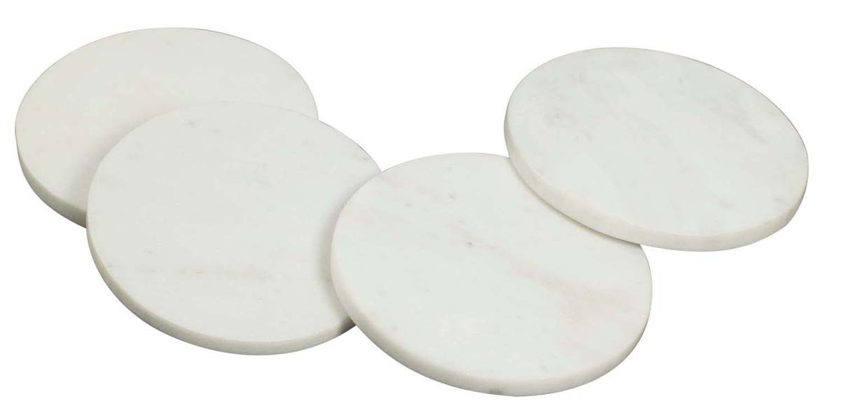 Drink Coasters Wholesale – Set of 4 Round Drink Coasters – Hand-Carved in White Marble – Table-Top Accessories