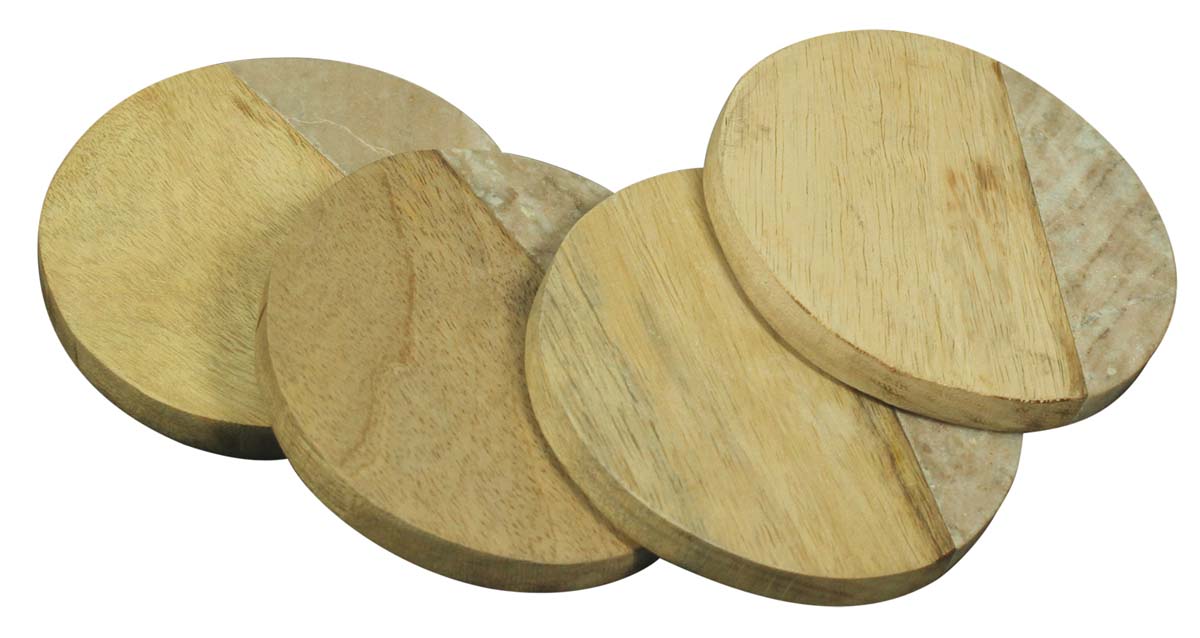 Drink Coasters Wholesale – Set of 4 Round Drink Coasters – Hand-Carved in Marble & Wood – Table-Top Accessories