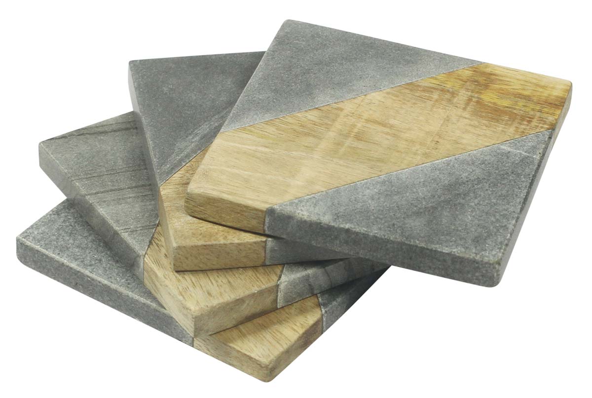 Bulk Drink Coasters – Set of 4 Drink Coasters – Square-Shaped – Wood & Gray Marble – Table-Top Accessories