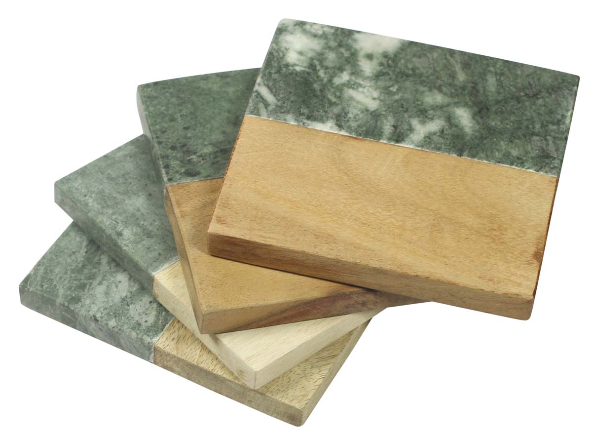 Bulk Drink Coasters – Set of 4 Drink Coasters – Square-Shaped – Wood & Green Marble – Table-Top Accessories