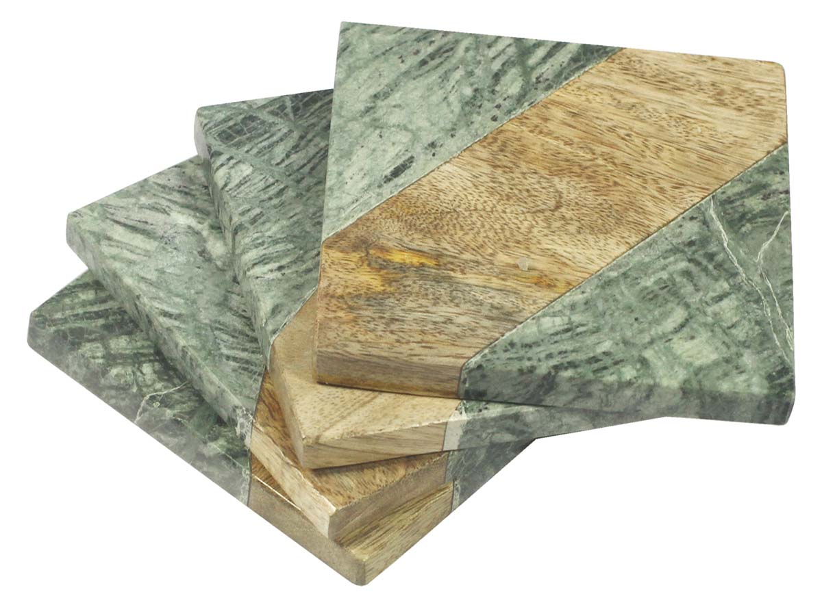 Bulk Drink Coasters – Set of 4 Drink Coasters – Square-Shaped – Wood & Green Marble – Table-Top Accessories