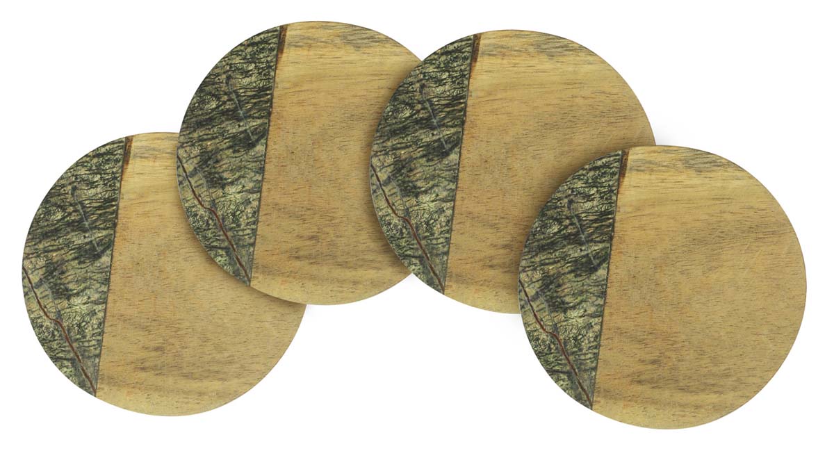 Bulk Drink Coasters – Set of 3 Round Drink Coasters – Hand-Carved in Green Marble & Wood – Table-Top Accessories