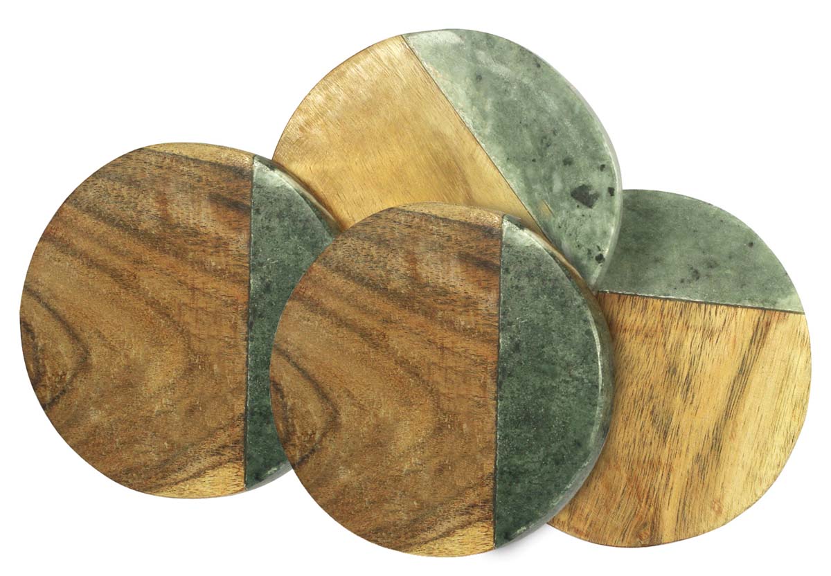 Bulk Drink Coasters – Set of 3 Round Drink Coasters – Hand-Carved in Green Marble & Wood – Table-Top Accessories