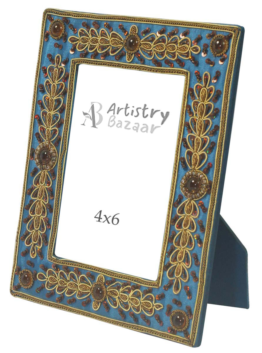 Bulk Picture Frames – Blue Photo Frame with Dull Golden Zari Work – Unique Gift Items from India