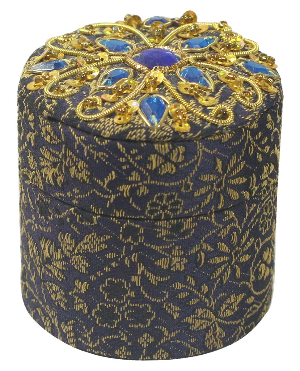 Jewelry Gift Boxes Wholesale – Blue & Golden Round Box – Zari Work – Handmade in Fabric & Cardboard