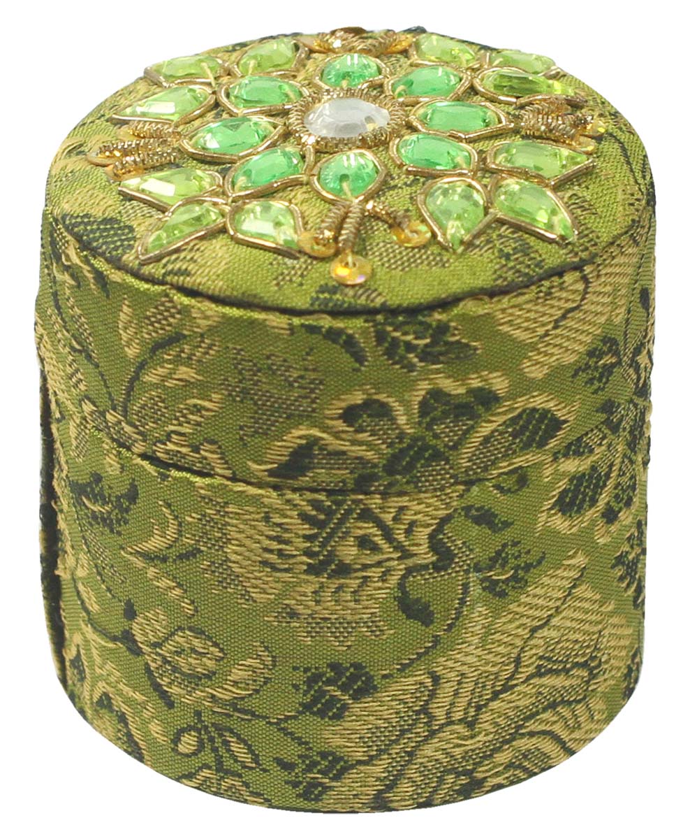 Wholesale Jewelry Gift Boxes Wholesale – Green & Golden Round Box – Zari Work – Handmade in Fabric & Cardboard