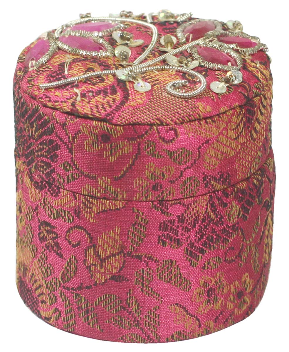 Jewelry Gift Boxes Wholesale – Pink Round Box – Zari Work – Handmade in Fabric & Cardboard