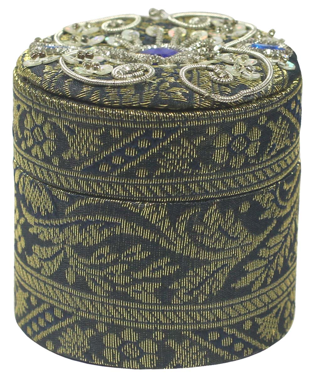 Jewelry Gift Boxes Wholesale – Black & Golden Round Box – Zari Work – Handmade in Fabric & Cardboard