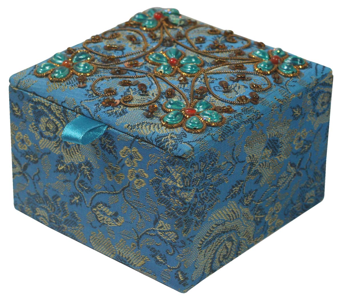 Jewelry Gift Boxes Wholesale – Blue Box – Square-Shaped – Dull Golden Zari Work – Handmade in Fabric & Cardboard