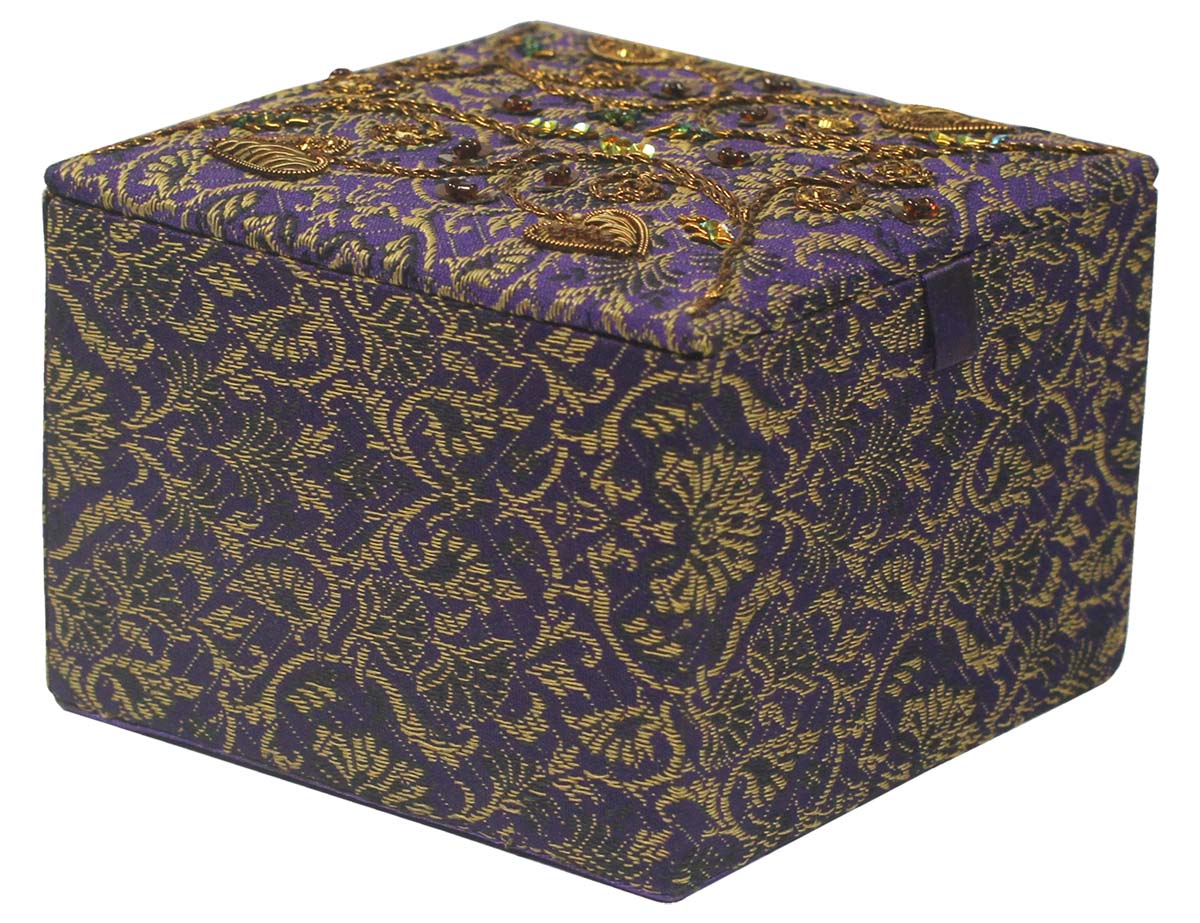 Jewelry Gift Boxes Wholesale – Purple & Golden Box – Square-Shaped – Dull Golden Zari Work – Handmade in Fabric & Cardboard