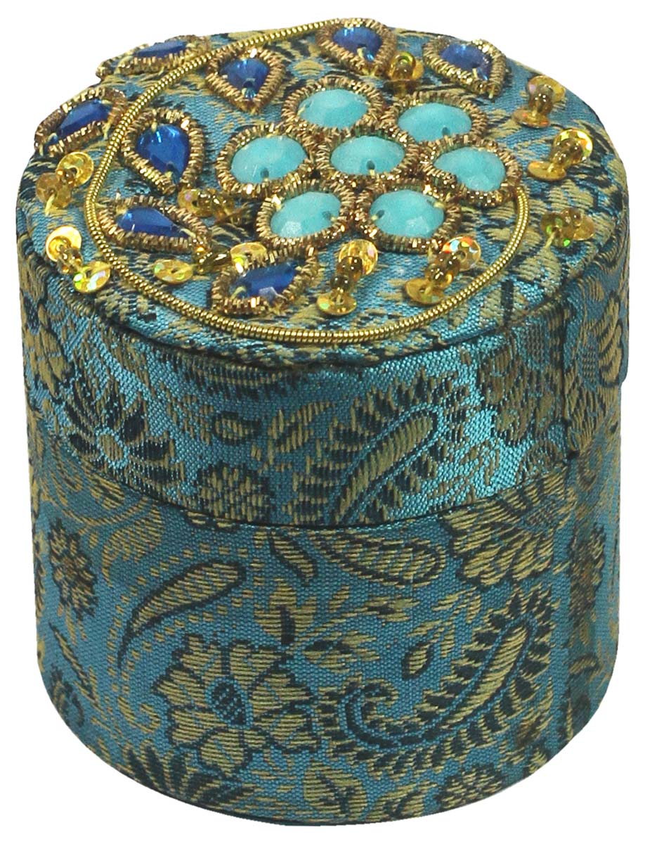 Wholesale Jewelry Gift Boxes Bulk – Round Box – Blue & Golden – Zari Work – Handmade in Fabric & Cardboard