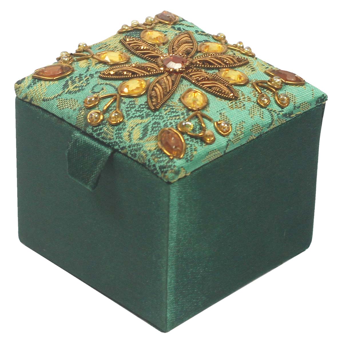 Jewelry Gift Boxes Bulk – Square Box – Green Color – Dull Golden Zari Work – Handmade in Fabric & Cardboard