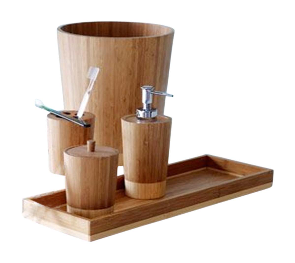 Buy in Bulk Wholesale Teak-Wood Bathroom Accessories-Set of 5-Soap-Dispenser/Tooth-Brush Holder/Cotton-Ball Tumbler/Bin/Display-Tray-Home Essentials