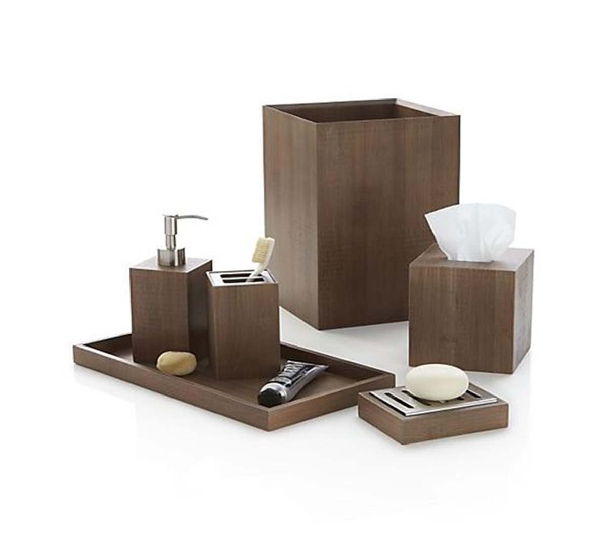 Bulk Wholesale Handmade Wooden Set of 6 Bathroom Accessories in Brown Color – Soap-Dish/Soap-Dispenser/Tooth-Brush Holder/Cotton-Ball Tumbler/Bin/Display-Tray – Bath Sink Accessories
