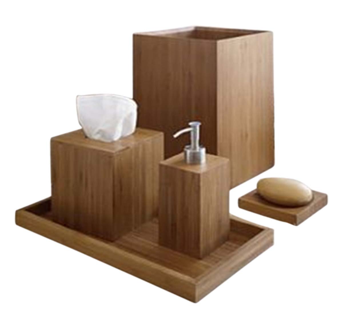 Buy in Bulk Wholesale Teak-Wood Bathroom Accessories-Set of 5-Soap-Dish/Tissue-Holder/Soap-Dispenser/Bin/Display-Tray-Modern Home Essentials
