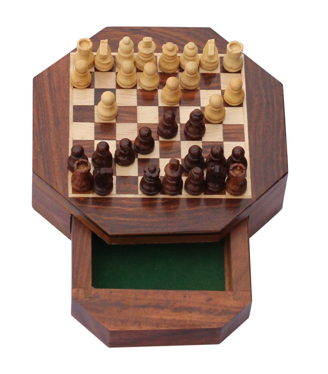 Bulk Wholesale 5” Octagonal Chess Board – Handmade Wooden Travel-sized Chess Game Set – Natural Wood