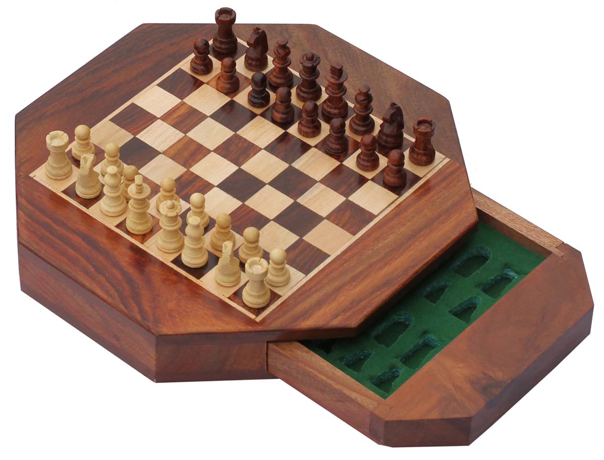 Bulk Wholesale 9” Octagonal Chess Board – Handmade Wooden Travel-sized Chess Game Set – Natural Wood
