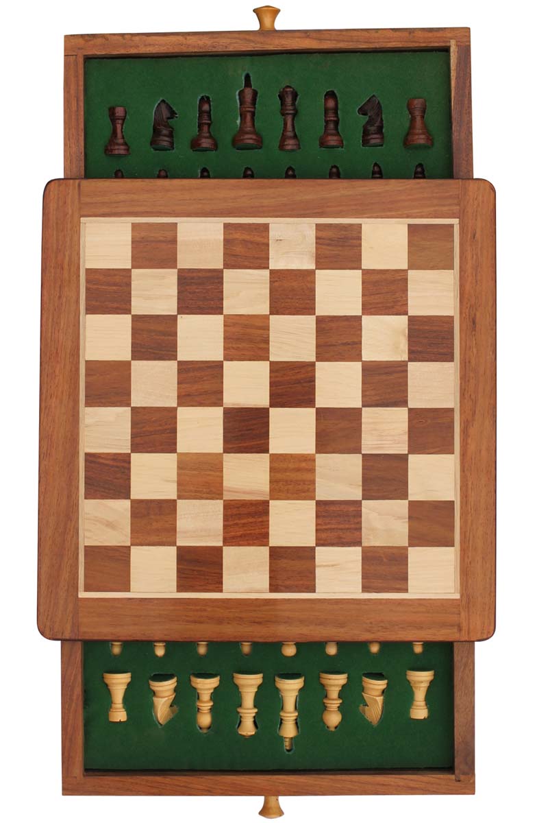 Wholesale 12x12” Square Travel Chess Board & Chessmen Set with 2 Storage Drawer in Wood - Bulk Buy Handmade Wooden Magnetic Chess Set - Travel Games from India