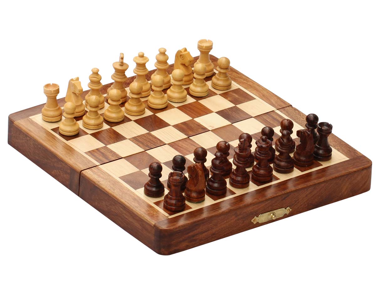 Wholesale 7.5x7.5” Folding Chess Board & Chessmen Set in Wood - Bulk Buy Handmade Wooden Magnetic Chess Set - Travel Games from India