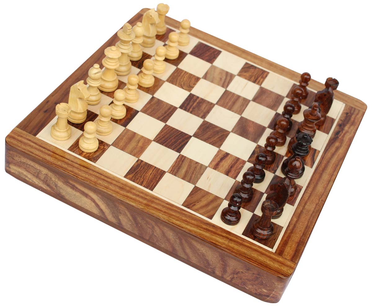Wholesale 12x12” Square Chess Board & Chessmen Set with Storage Drawer - Bulk Buy Handmade Wooden Magnetic Chess Set - Travel Games from India