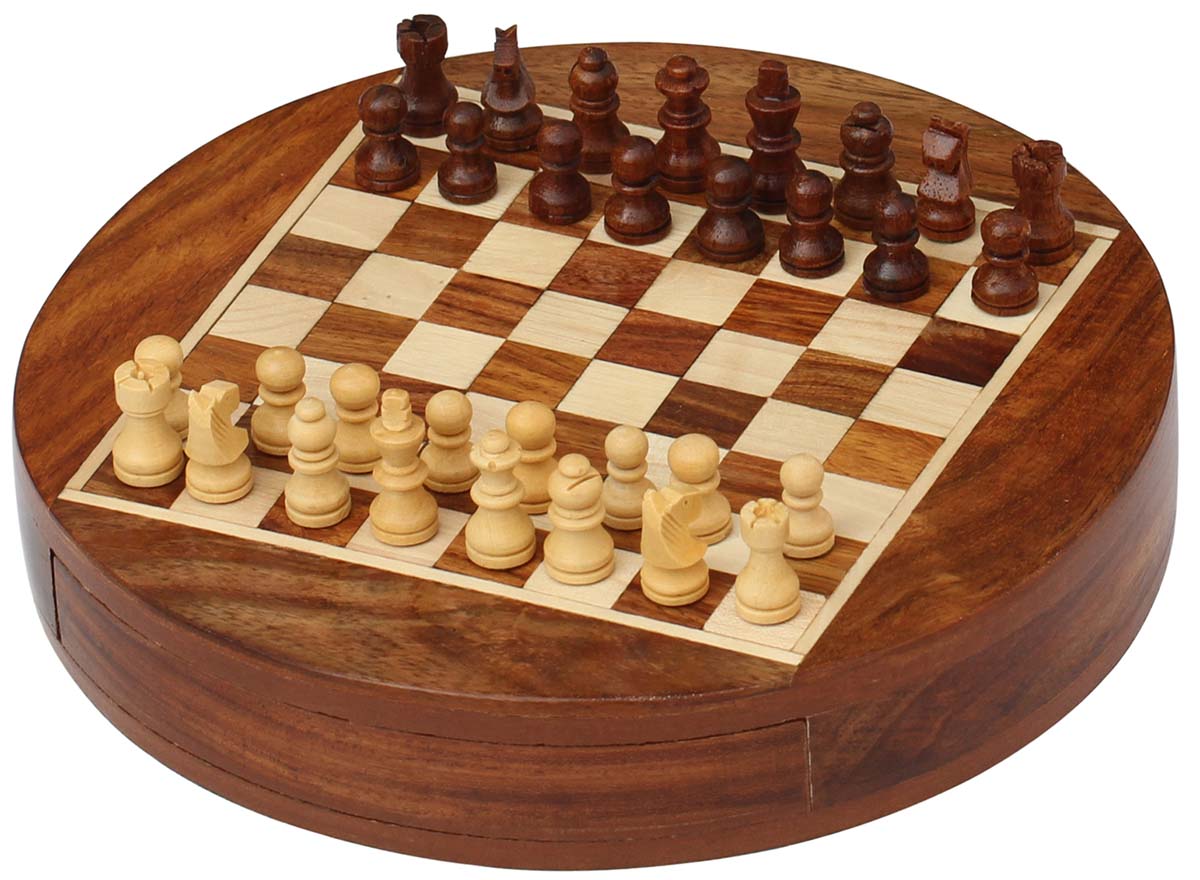 Wholesale 7” Round Chess Board & Chessmen Set with Storage Drawer - Bulk Buy Handmade Wooden Magnetic Chess Set - Travel Games From India