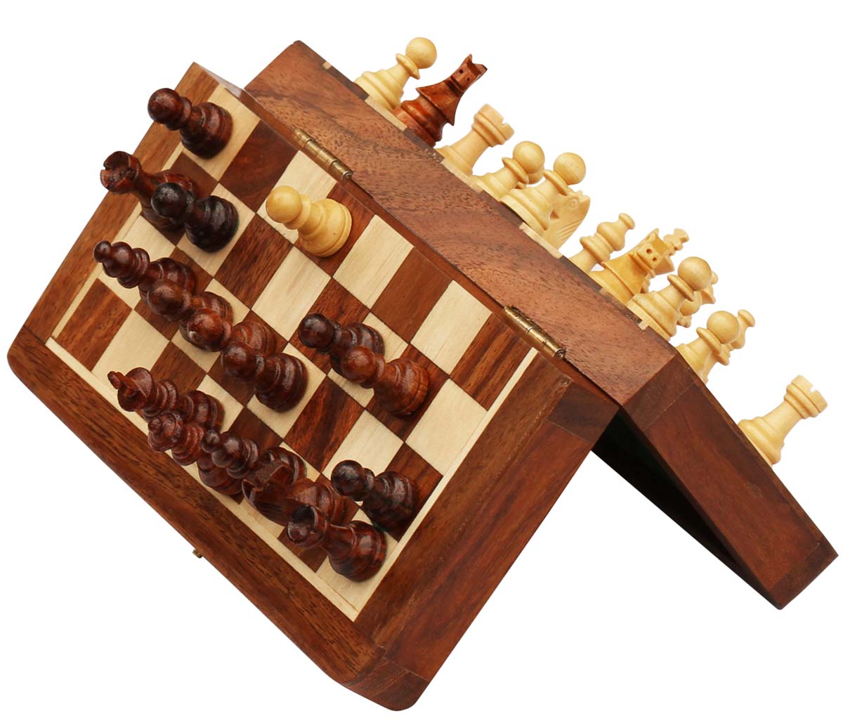 Buy in Bulk Wholesale 7 Inch Magnetic Wood Chess-Set-Hand-Crafted-Folding with Storage Box-Antique-Look Games from India