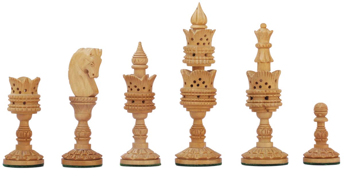 Bulk Wholesale Hand-Carved Wooden Chess Pieces / Chessmen in Beige & Black Color with Dotted Cut-Out Pattern – Vintage-Look Chess Figurines – Indoor Games – Home Decorations 