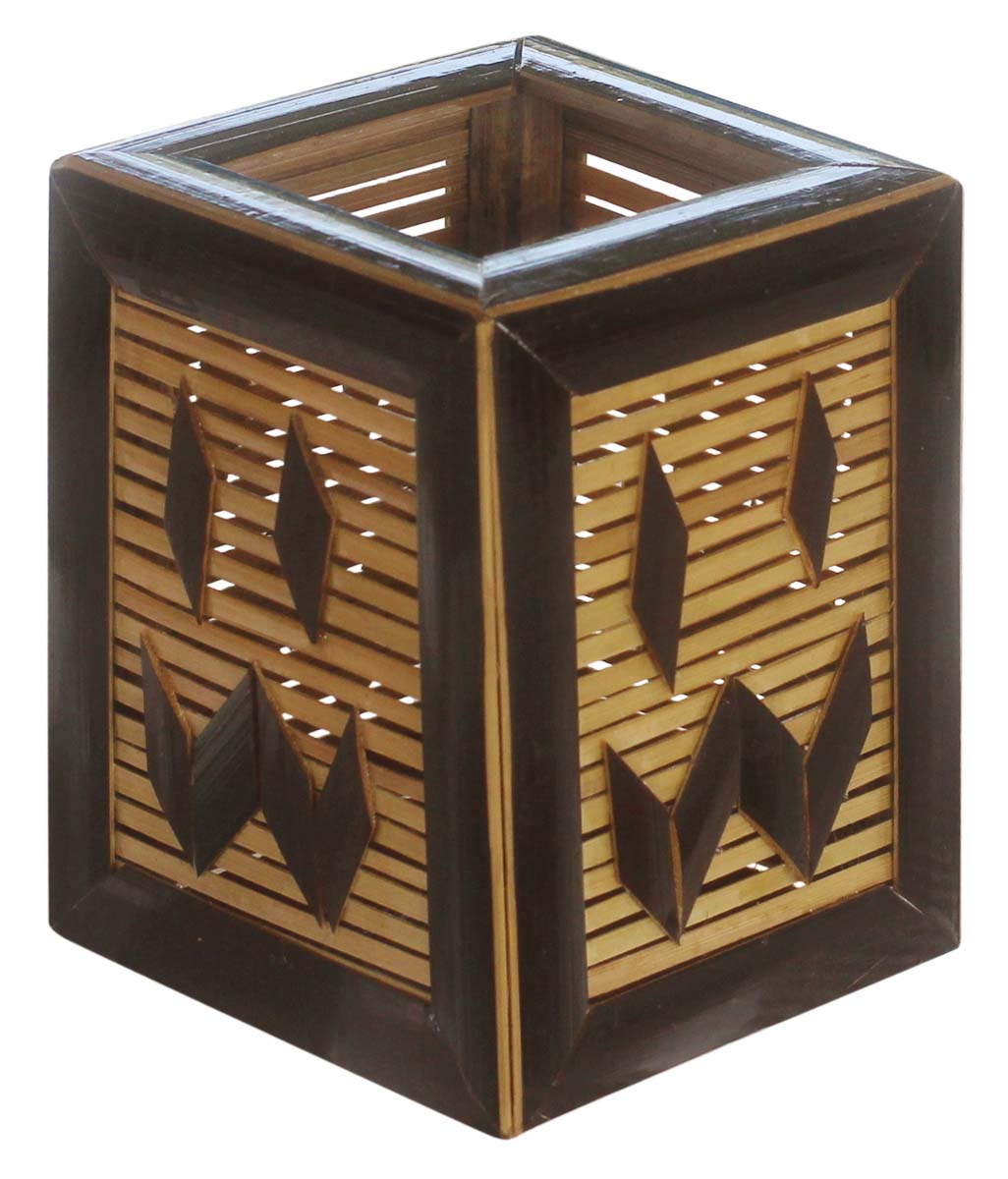 Hand-Crafted Bamboo Pen-Stand with Ply Work – 4” Pen / Pencil Holder in Brown – Office / Desk Essentials  Buy in Bulk Wholesale