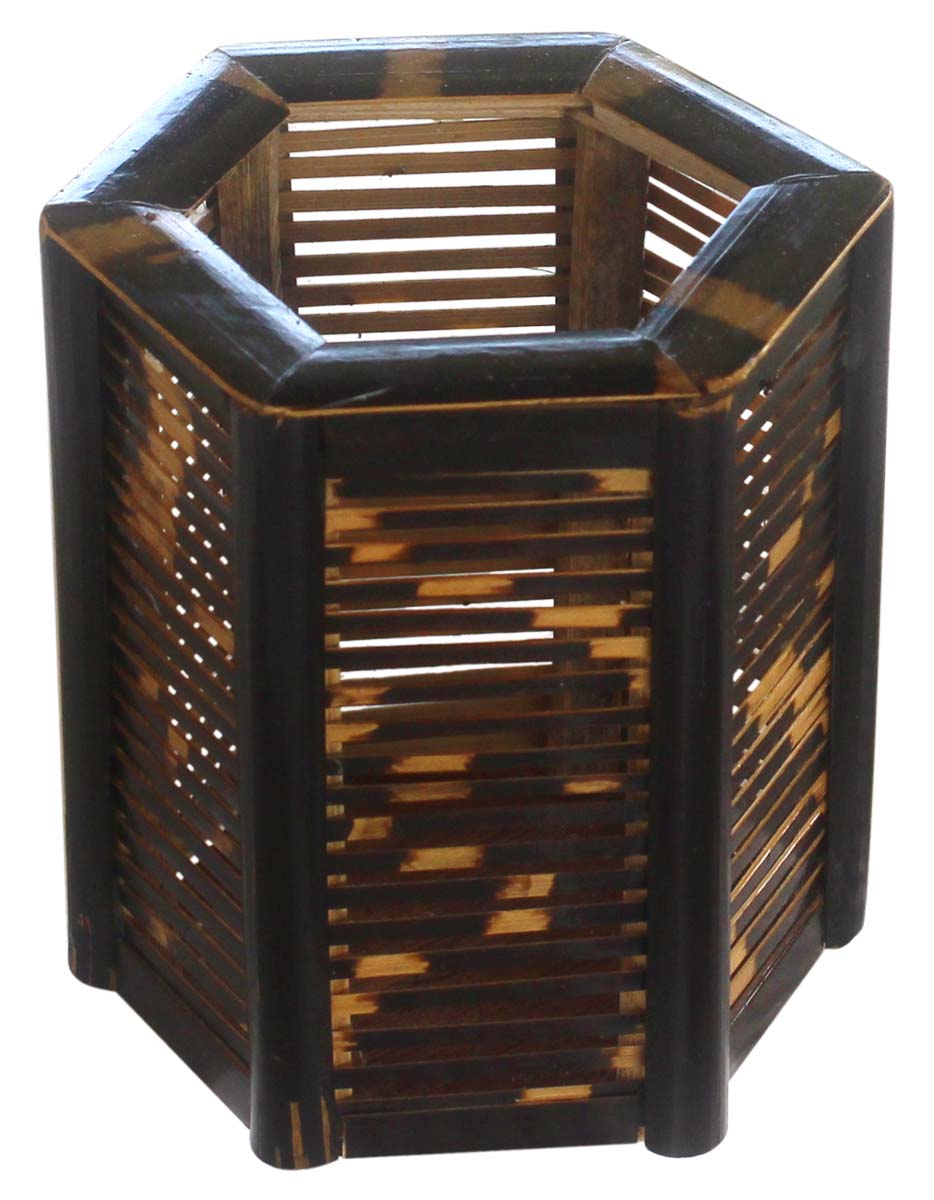 Hand-Crafted Hexagonal Bamboo Pen-Stand with Ply Work – 4” Pen / Pencil Holder in Brown – Office / Desk Essentials  Buy in Bulk Wholesale